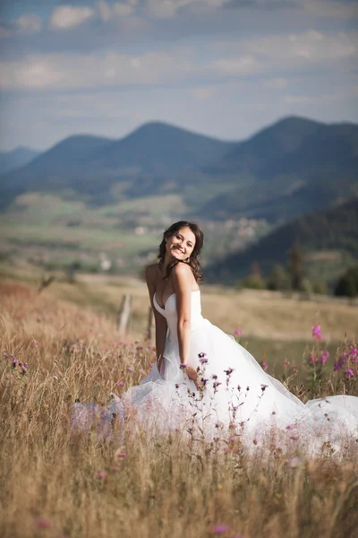 Splendida sposa in abito elegante in posa nella soleggiata giornata estiva su uno sfondo di montagne — Foto Stock