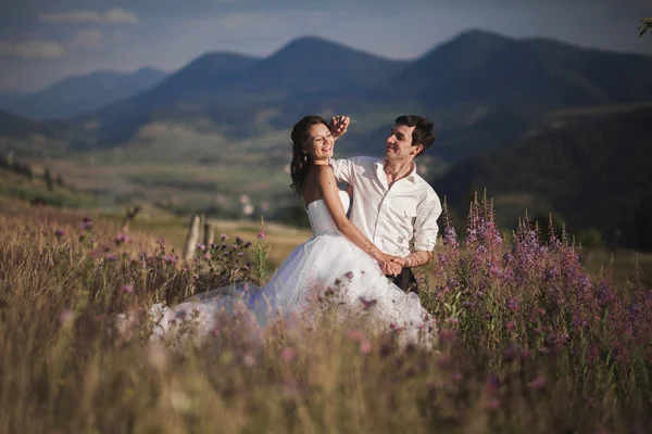 Romantisk saga par nygifta kysser och omfamna på en bakgrund av berg — Stockfoto