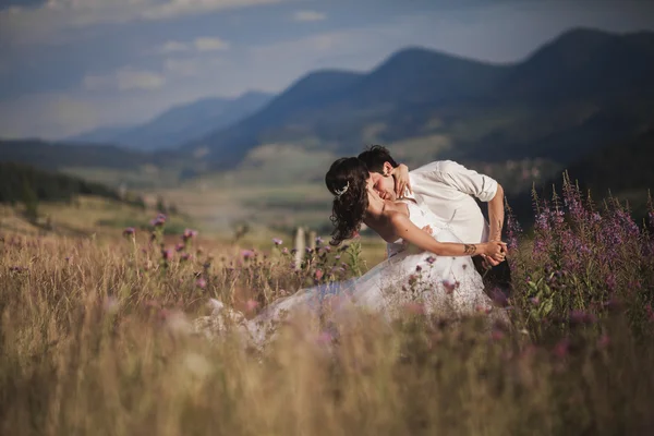 Romántica pareja de cuentos de hadas recién casados besándose y abrazándose en un fondo de montañas —  Fotos de Stock