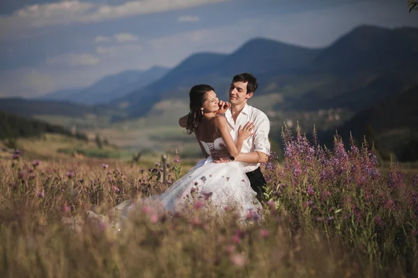 ロマンチックなおとぎ話カップル新婚キスと山の背景に採用 — ストック写真