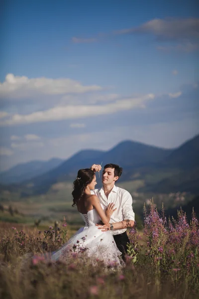 Romantica coppia di fiabe sposi che si baciano e si abbracciano su uno sfondo di montagne — Foto Stock