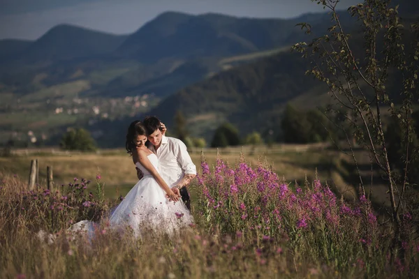 Casal de conto de fadas romântico recém-casados beijando e abraçando em um fundo de montanhas — Fotografia de Stock