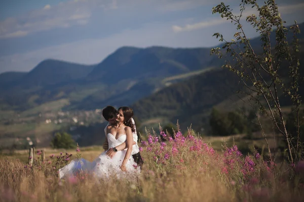 Casal de conto de fadas romântico recém-casados beijando e abraçando em um fundo de montanhas — Fotografia de Stock