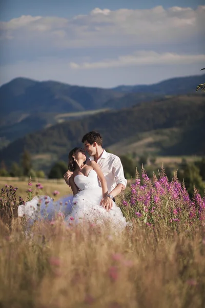 Casal de conto de fadas romântico recém-casados beijando e abraçando em um fundo de montanhas — Fotografia de Stock