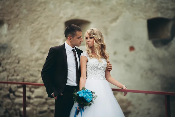 Feliz boda pareja abrazándose y sonriendo el uno al otro en el fondo viejo castillo — Foto de Stock