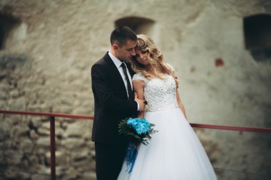 Mutlu düğün kaç sarılma ve birbirlerine arka plan eski kale üzerinde gülümseyen