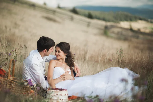 Casal bonito no piquenique com frutas e bolo em um fundo de montanhas — Fotografia de Stock