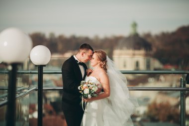 Güzel bir düğün çifti eski kasabanın arka plan panoramik manzarasında öpüşüp sarılıyor.