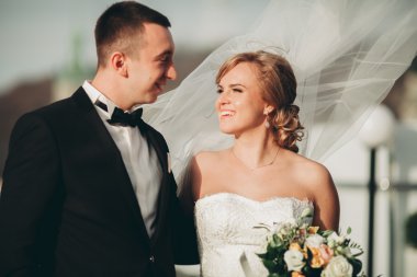 Güzel bir düğün çifti eski kasabanın arka plan panoramik manzarasında öpüşüp sarılıyor.