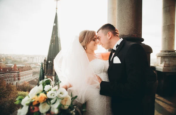 Elegante hermosa pareja de boda besándose y abrazándose en el fondo vista panorámica del casco antiguo — Foto de Stock