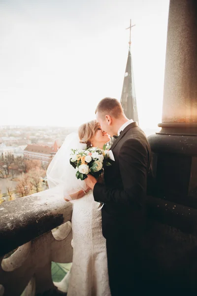 Elegante hermosa pareja de boda besándose y abrazándose en el fondo vista panorámica del casco antiguo — Foto de Stock