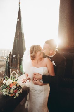 Güzel bir düğün çifti eski kasabanın arka plan panoramik manzarasında öpüşüp sarılıyor.