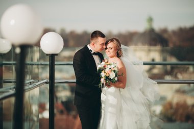 Güzel bir düğün çifti eski kasabanın arka plan panoramik manzarasında öpüşüp sarılıyor.