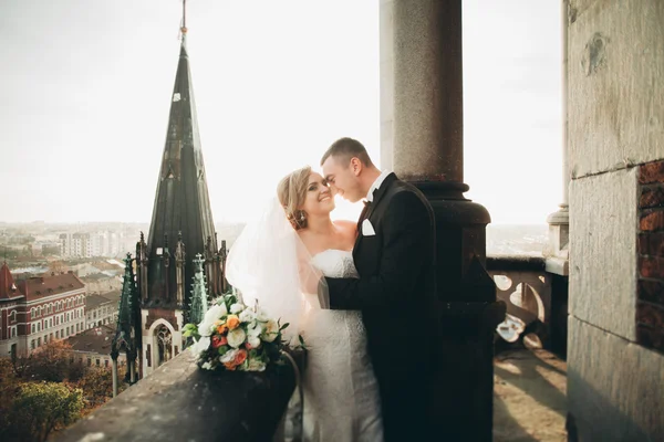 Elegante hermosa pareja de boda besándose y abrazándose en el fondo vista panorámica del casco antiguo — Foto de Stock