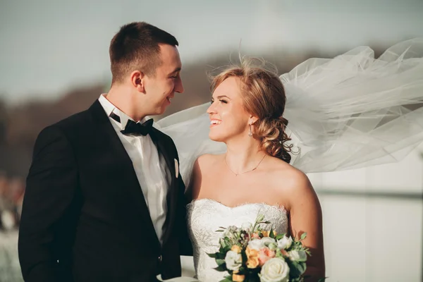 Casal bonito elegante beijando e abraçando no fundo vista panorâmica da cidade velha — Fotografia de Stock