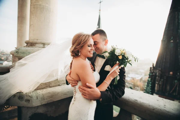 Stilvoll schönes Hochzeitspaar küsst und umarmt sich im Hintergrund Panoramablick auf die Altstadt — Stockfoto