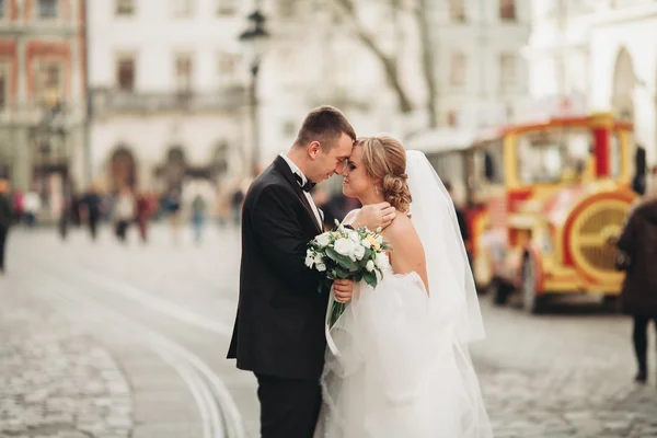 Wedding couple is standing and kissing in the streets of old city — Stock Photo, Image