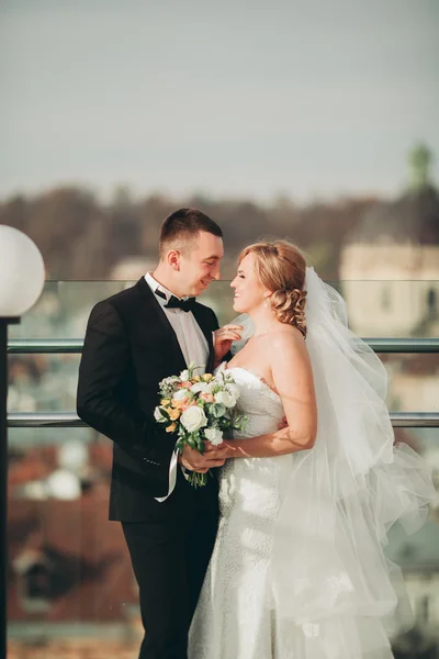 Élégant beau couple de mariage embrasser et étreindre sur fond vue panoramique sur la vieille ville — Photo