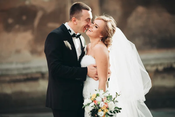 Feliz pareja de boda de lujo está de pie y besándose en las calles de la ciudad vieja —  Fotos de Stock