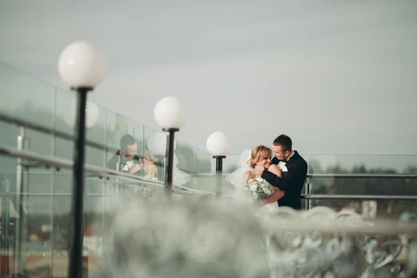 Stylish beautiful wedding couple kissing and hugging on background panoramic view of the old town — Stock Photo, Image