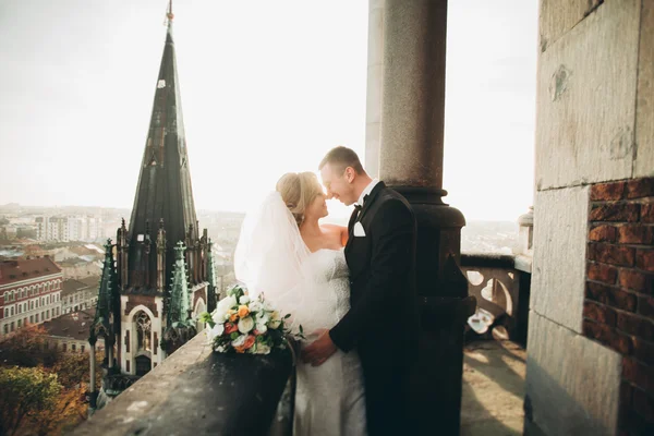 Snygg vacker bröllop par kyssas och kramas på bakgrund panoramautsikt över gamla stan — Stockfoto