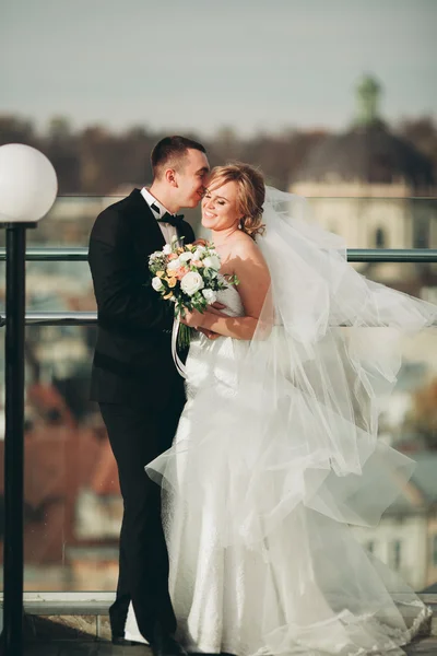 Stylish beautiful wedding couple kissing and hugging on background panoramic view of the old town — Stock Photo, Image