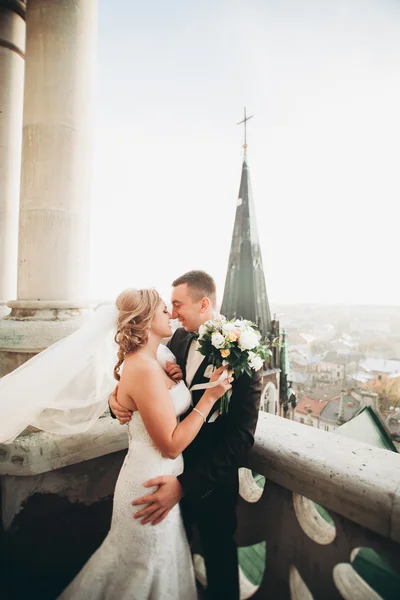 Stilvoll schönes Hochzeitspaar küsst und umarmt sich im Hintergrund Panoramablick auf die Altstadt — Stockfoto