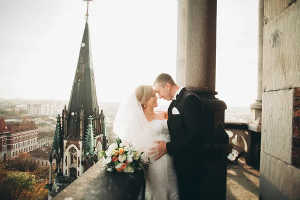 Stilvoll schönes Hochzeitspaar küsst und umarmt sich im Hintergrund Panoramablick auf die Altstadt — Stockfoto