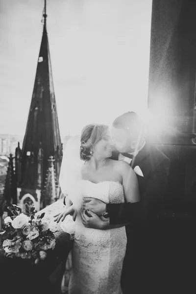 Elegante hermosa pareja de boda besándose y abrazándose en el fondo vista panorámica del casco antiguo —  Fotos de Stock