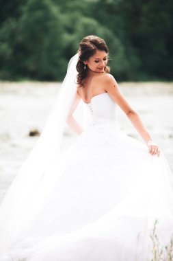 Uzun beyaz gelinlik ve peçe dağlar arka plan üzerinde Nehri yakınında duran güzel lüks genç gelin