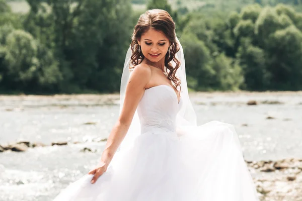 Bella lusso giovane sposa in abito da sposa lungo bianco e velo in piedi vicino al fiume con le montagne sullo sfondo — Foto Stock