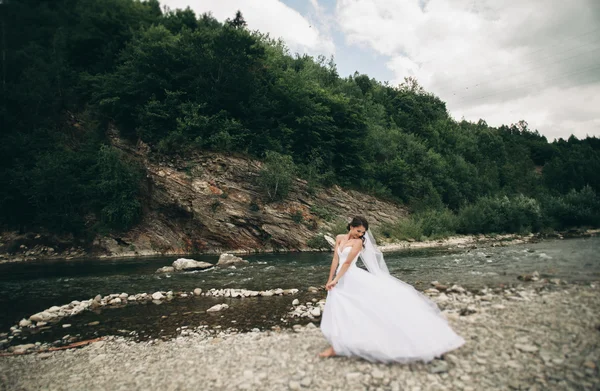 Dívka, model, nevěsta na pozadí řeky a hory. Portrét krása — Stock fotografie