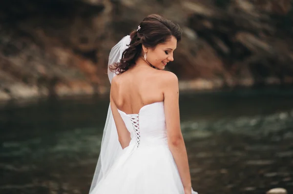Ragazza, modella, sposa sullo sfondo del fiume e delle montagne. Ritratto bellezza — Foto Stock