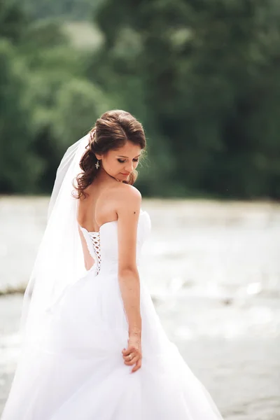 Красивая роскошная молодая невеста в длинном белом свадебном платье и вуаль, стоящая у реки с горами на заднем плане — стоковое фото
