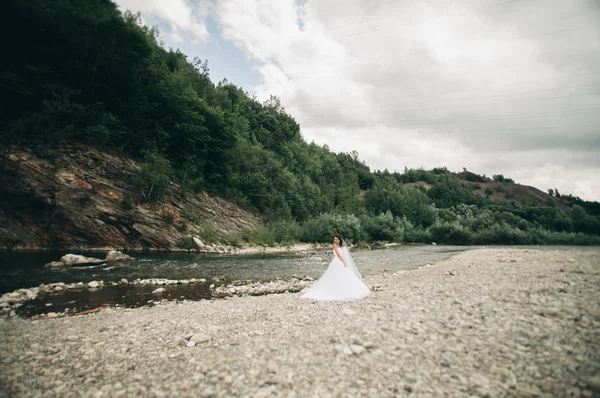 Krásné luxusní mladá nevěsta v dlouhé bílé svatební šaty a závoj stojící poblíž řeky s horami na pozadí — Stock fotografie