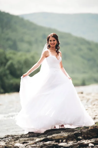 Bella lusso giovane sposa in abito da sposa lungo bianco e velo in piedi vicino al fiume con le montagne sullo sfondo — Foto Stock