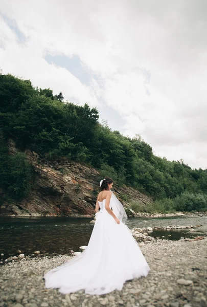 Ragazza, modella, sposa sullo sfondo del fiume e delle montagne. Ritratto bellezza — Foto Stock