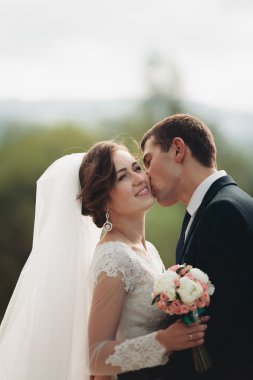 Yakışıklı romantik damat ve güzel gelin Nehri manzaralı dağlarında yakınında poz