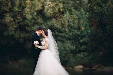 Yakışıklı romantik damat ve güzel gelin Nehri manzaralı dağlarında yakınında poz