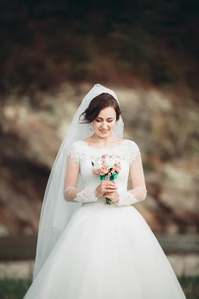 Ragazza, modella, sposa sullo sfondo del fiume e delle montagne. Ritratto bellezza — Foto Stock