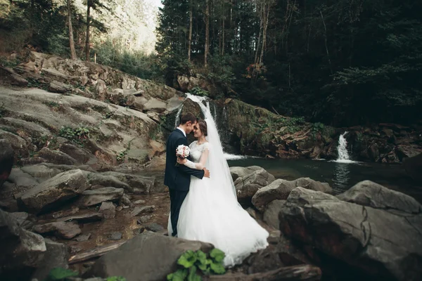 Beau couple de mariage séjour sur la pierre de la rivière dans les montagnes pittoresques — Photo