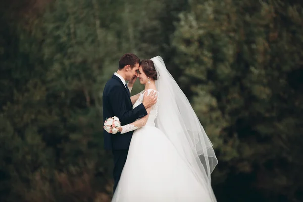 Schöner romantischer Bräutigam und schöne Braut posieren in Flussnähe in malerischen Bergen — Stockfoto