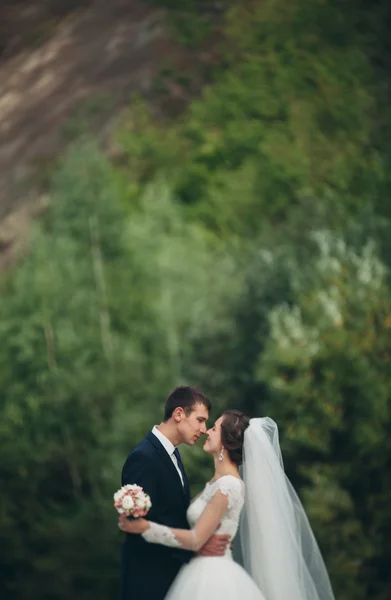 Beau marié romantique et belle mariée posant près de la rivière dans les montagnes pittoresques — Photo