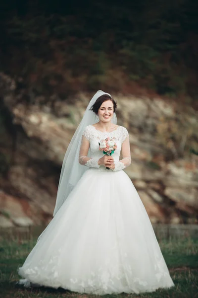 Girl, model, bride on a background of the river and mountains. Beauty portrait — Stock Photo, Image