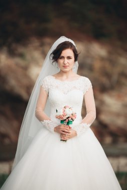 Kız, modeli, nehir ve dağ bir arka plan üzerine gelin. Güzellik Portresi