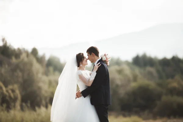 Yakışıklı romantik damat ve güzel gelin Nehri manzaralı dağlarında yakınında poz — Stok fotoğraf