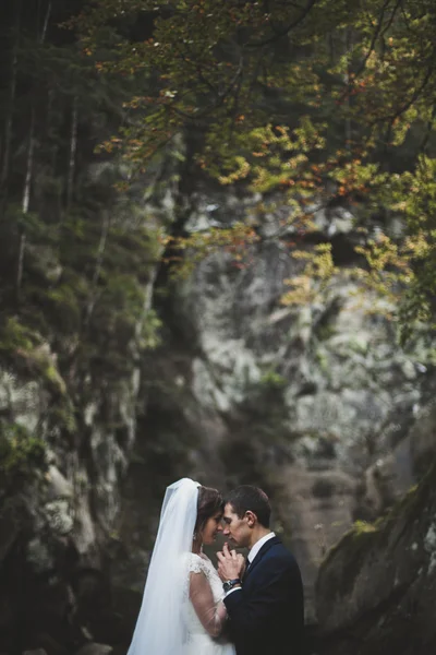 Όμορφο γαμήλιο ζεύγος μείνετε στην πέτρα του ποταμού στα γραφικά βουνά — Φωτογραφία Αρχείου