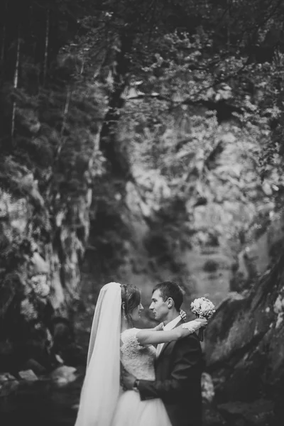 Casal bonito ficar na pedra do rio em montanhas cênicas — Fotografia de Stock