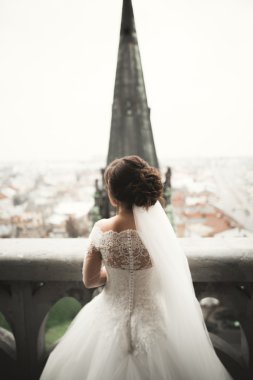 Onu düğün günü şehir manzaralı güzel gelin