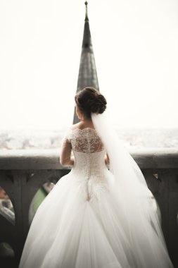 Onu düğün günü şehir manzaralı güzel gelin